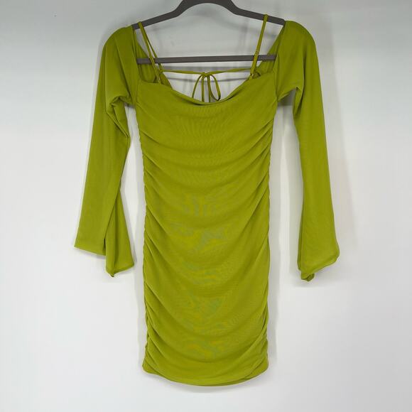 NWT Oh Polly Odyssey Fluted Sleeve Mini Dress Women's Size 8 Green Stretch Mesh - Picture 4 of 11